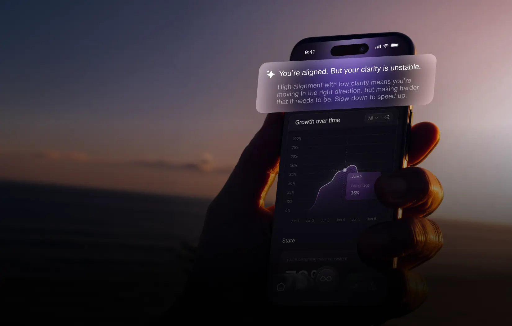 A hand holding a phone with the MANILAI growth chart
