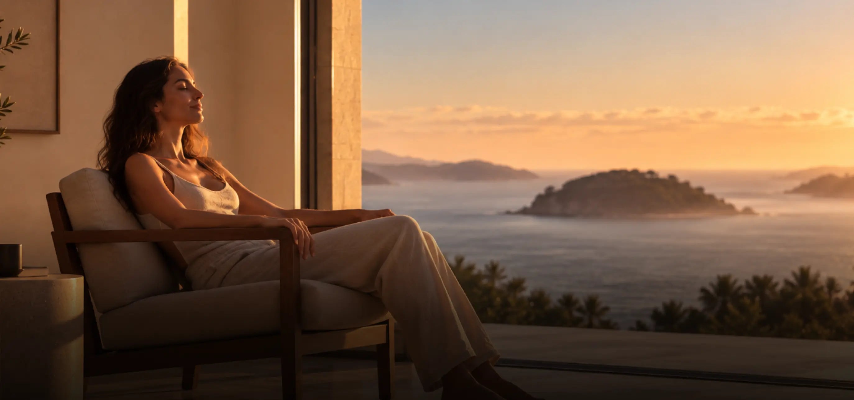 A woman resting in an armchair overlooking the sea at sunrise