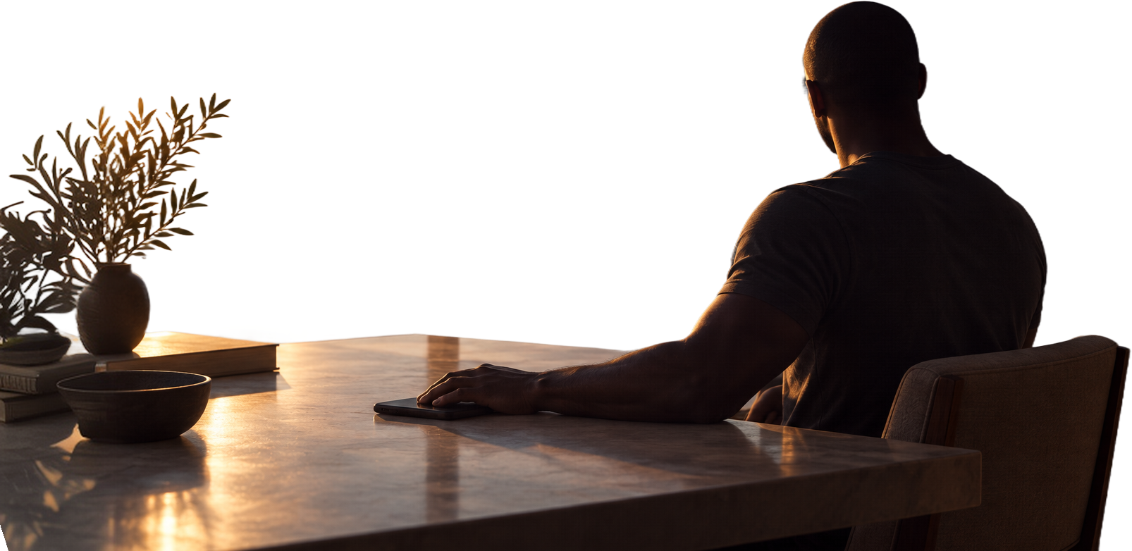 A man reflecting at his desk in the morning light