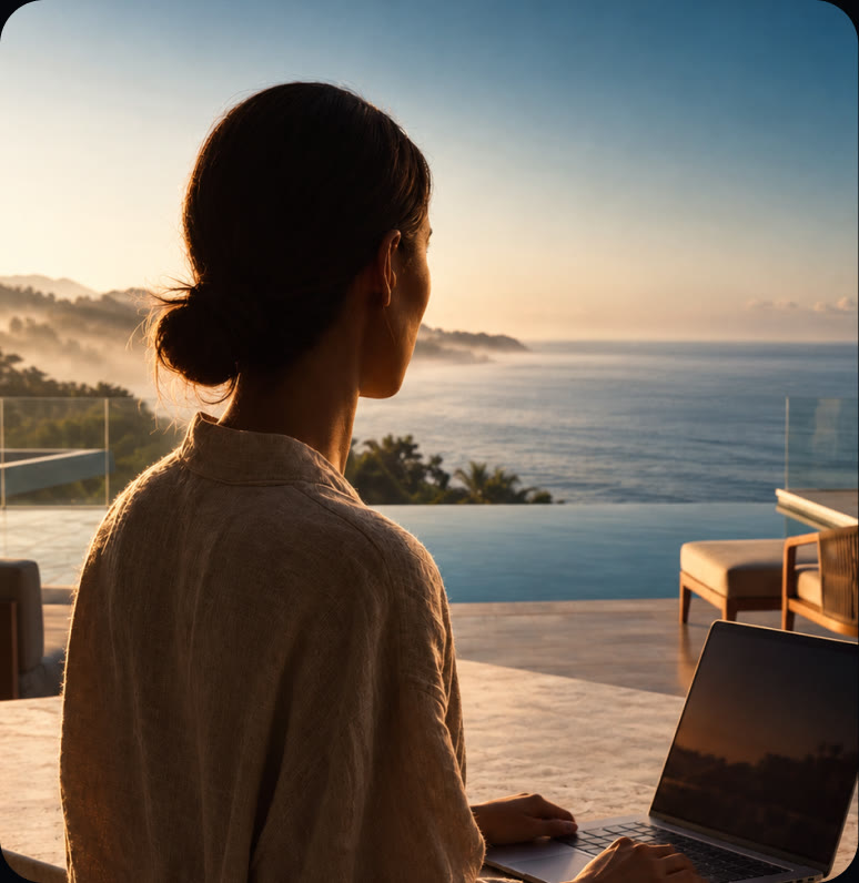 A woman looking out over the sea at dawn