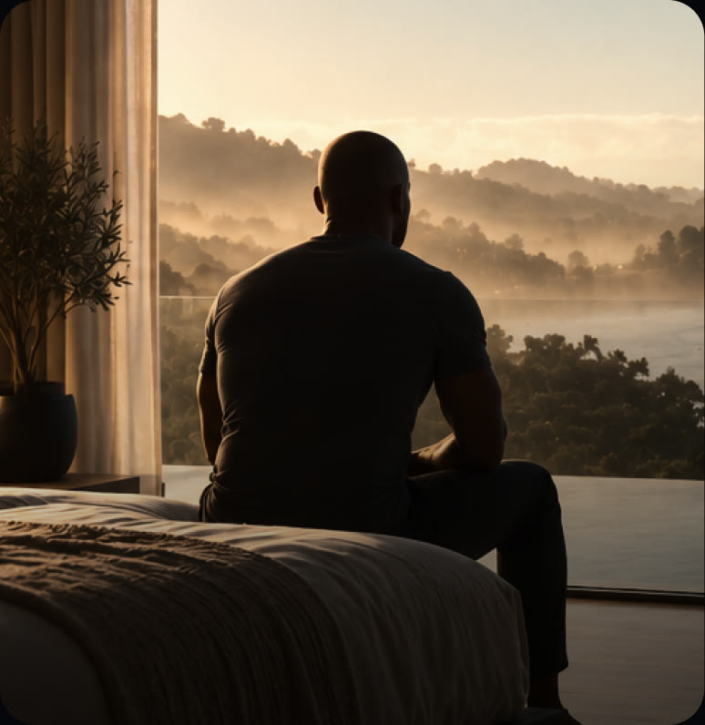 A man standing at a window in morning mist