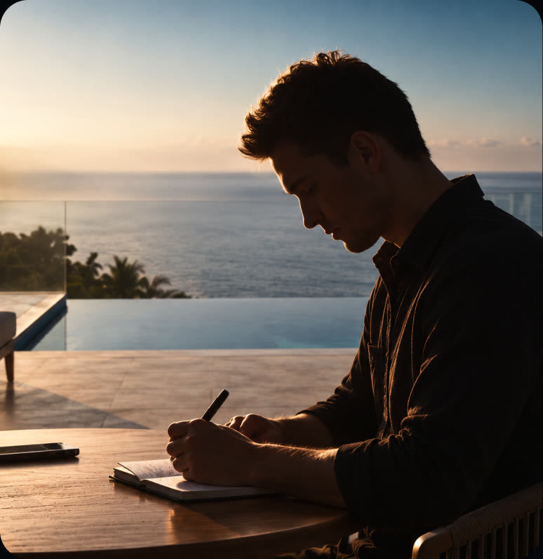 A man on a terrace above the sea, looking down