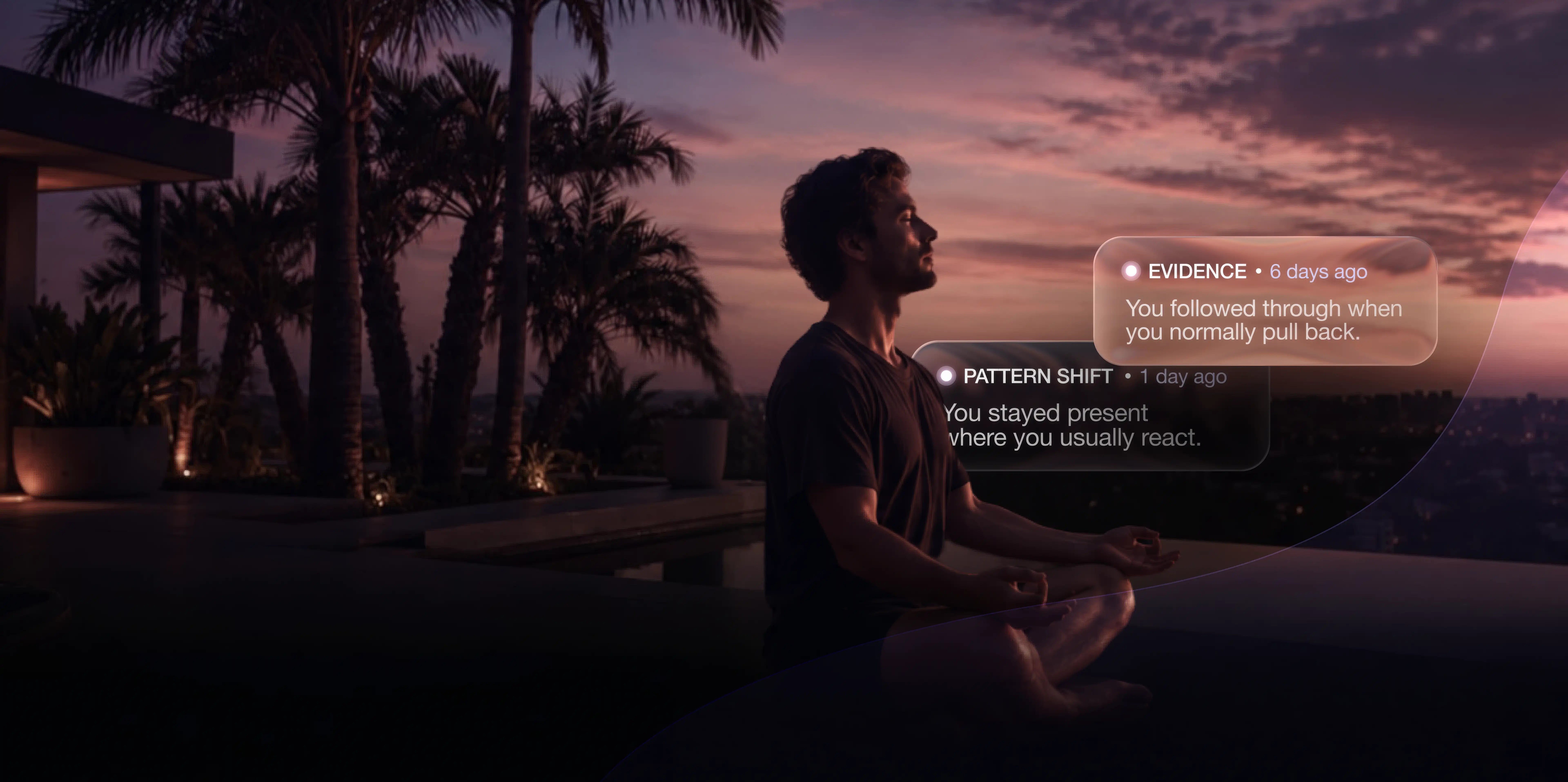 A man reflecting on a terrace at sunset, with evidence and pattern shift cards