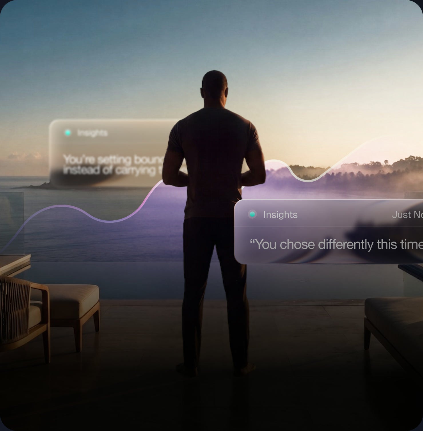 A man standing on a terrace at sunset, with two insight cards floating over the view