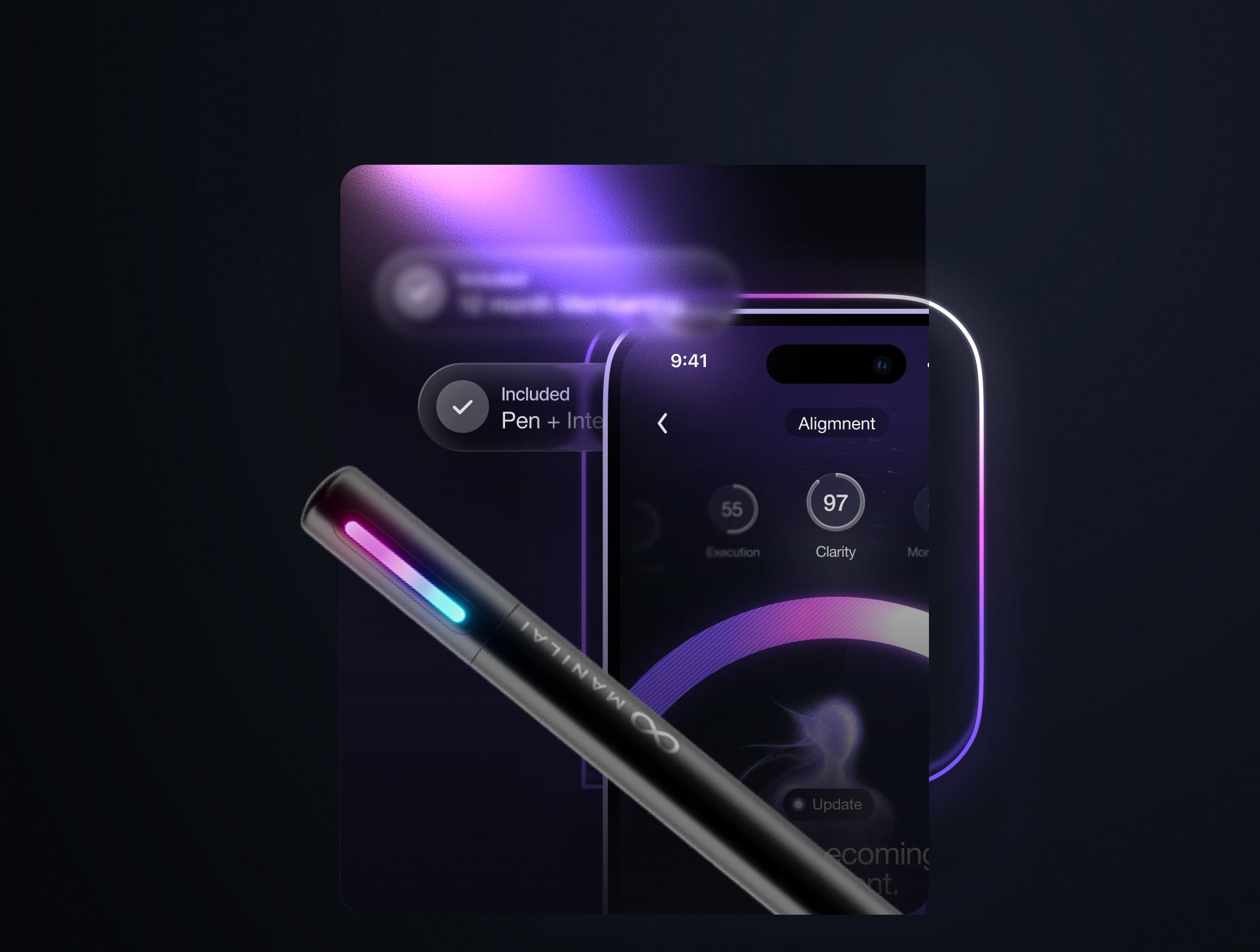 The MANILAI pen in front of a phone showing the alignment screen