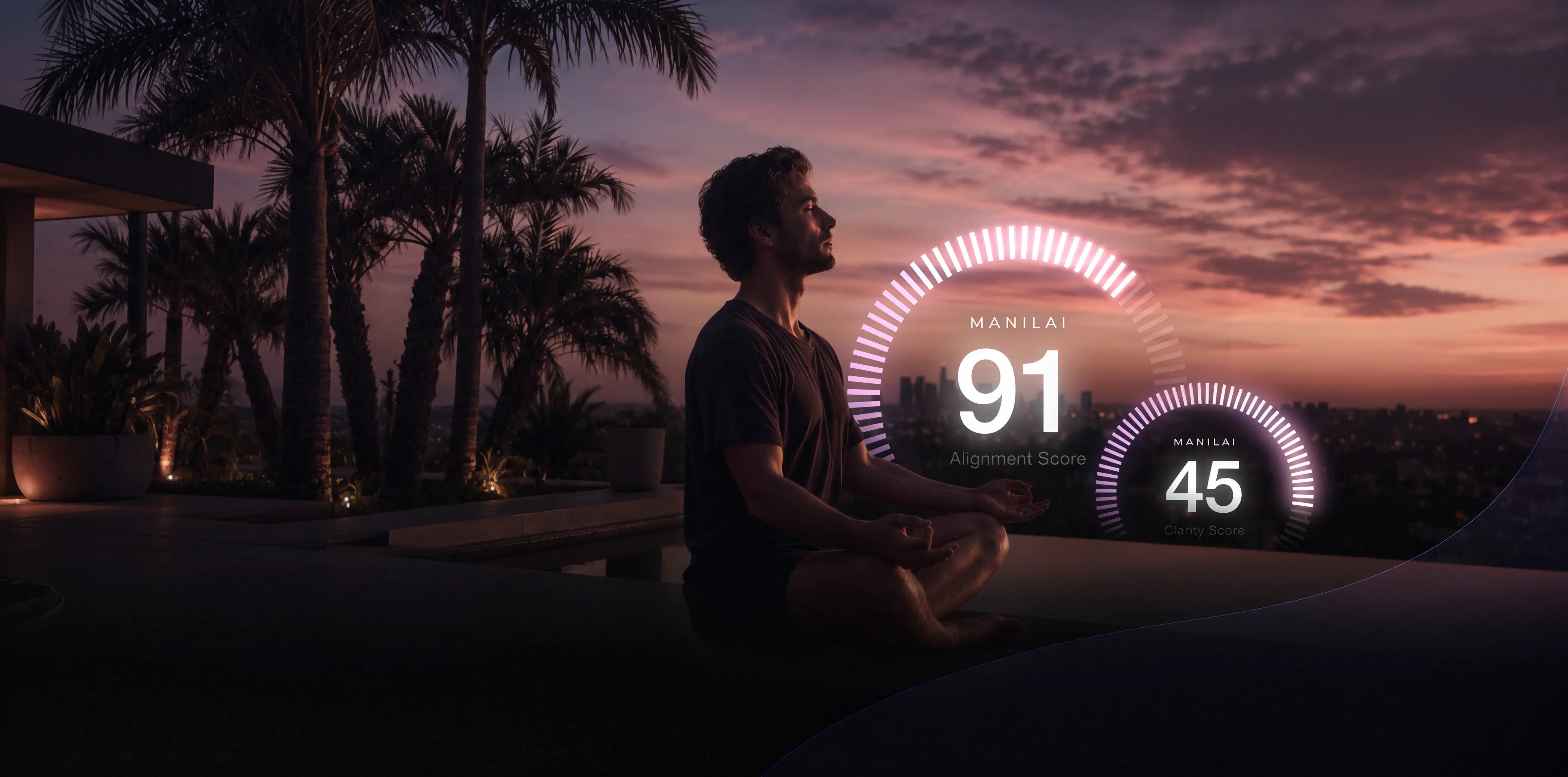 A man meditating on a rooftop at sunset. MANILAI Alignment Score: 91. Clarity Score: 45.
