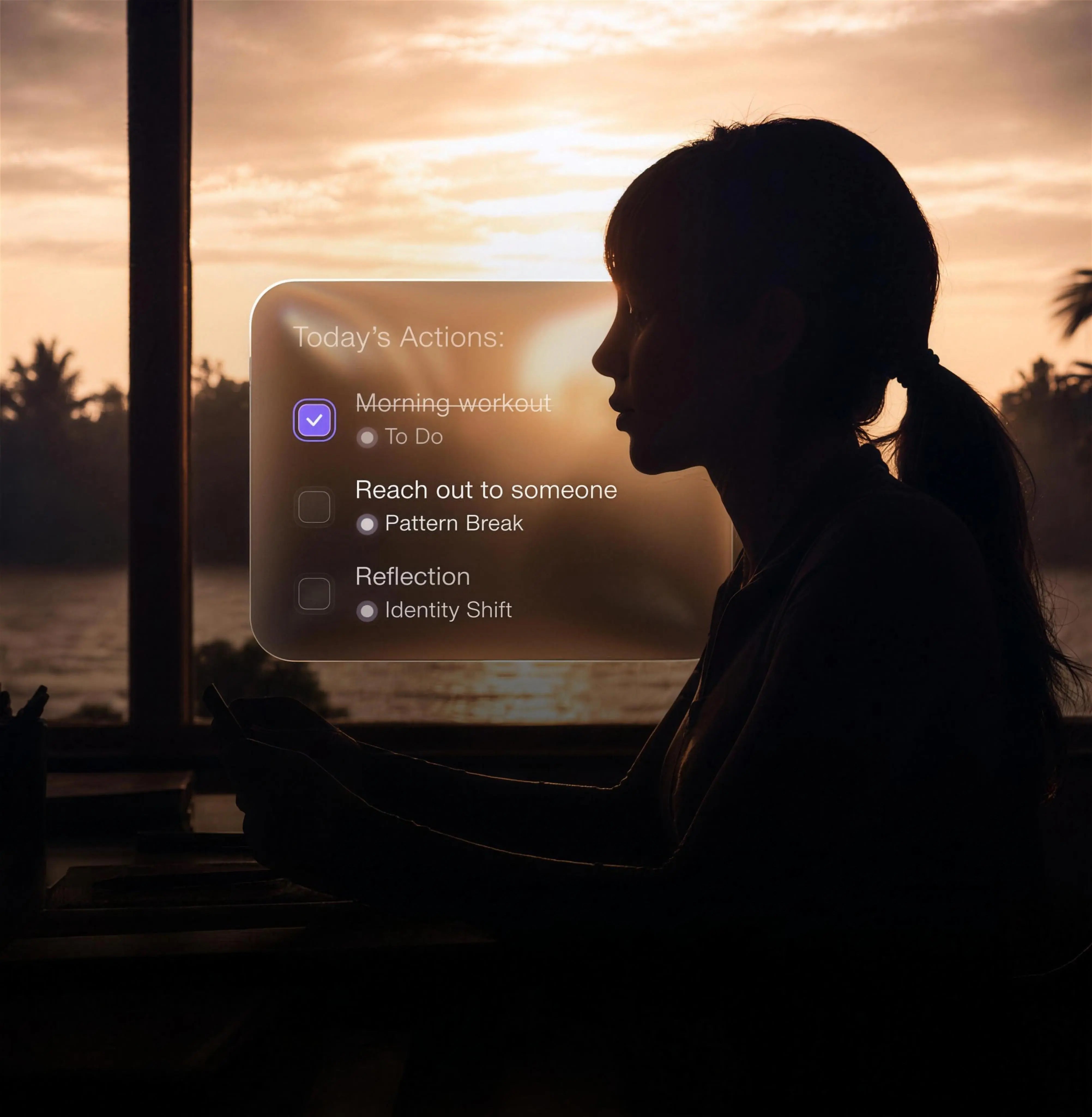 A woman reflecting by the window at sunrise with her daily actions